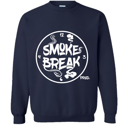 This image features a stylish navy blue sweatshirt, designed with a bold "Smoke Break" theme. 