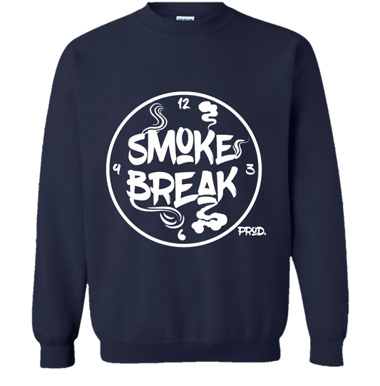 This image features a stylish navy blue sweatshirt, designed with a bold "Smoke Break" theme. 