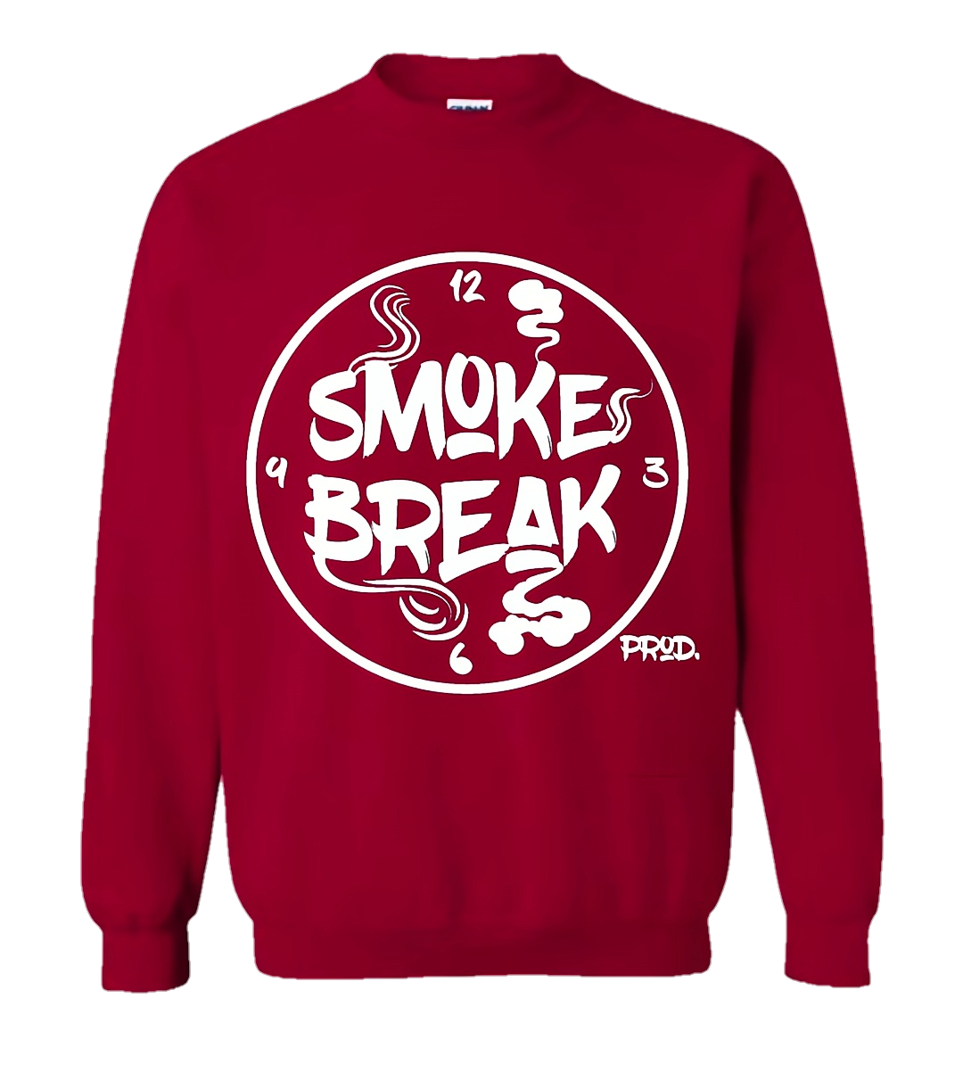 This image features a stylish red sweatshirt, designed with a bold "Smoke Break" theme. The front of the sweater displays a striking white graphic of a smoking cigarette with the words "Smoke Break" written in a bold, casual font, creating a striking contrast against the dark fabric.