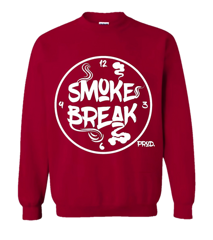 This image features a stylish red sweatshirt, designed with a bold "Smoke Break" theme. The front of the sweater displays a striking white graphic of a smoking cigarette with the words "Smoke Break" written in a bold, casual font, creating a striking contrast against the dark fabric.