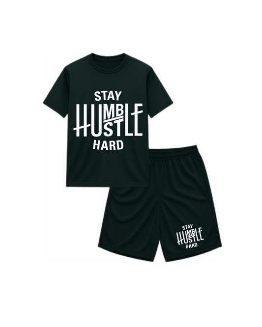 Dark Green 'Stay Humble Hustle Hard' text on a white background