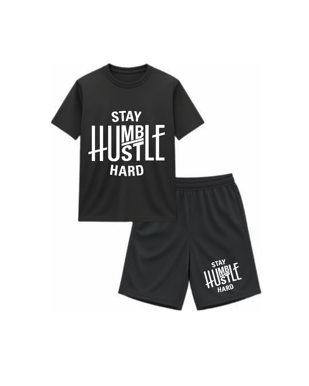 Grey Charcoal t-shirt and shorts set with 'Stay Humble Hustle Hard' text on a white background