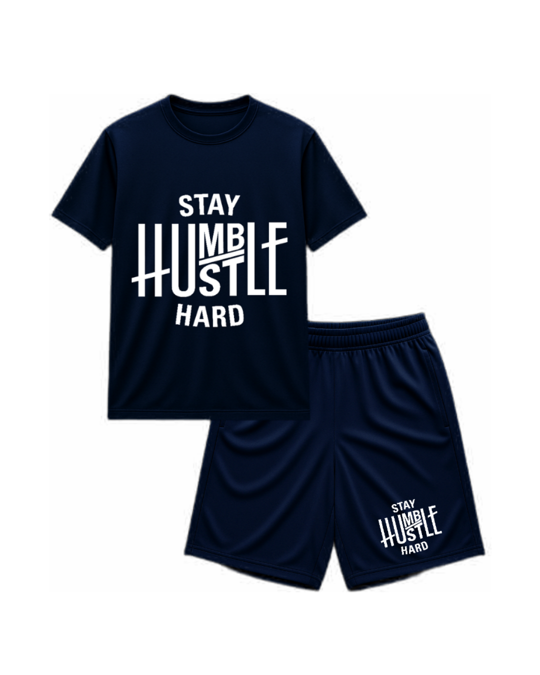 Navy blue t-shirt and shorts set with 'Stay Humble Hustle Hard' text on a white background